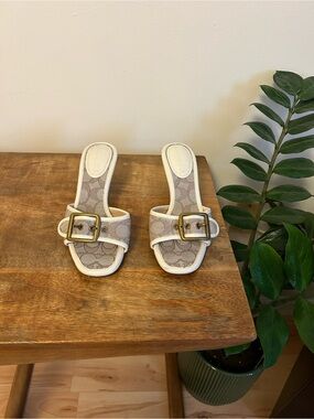 Coach Beige Signature Buckle Slide Sandals